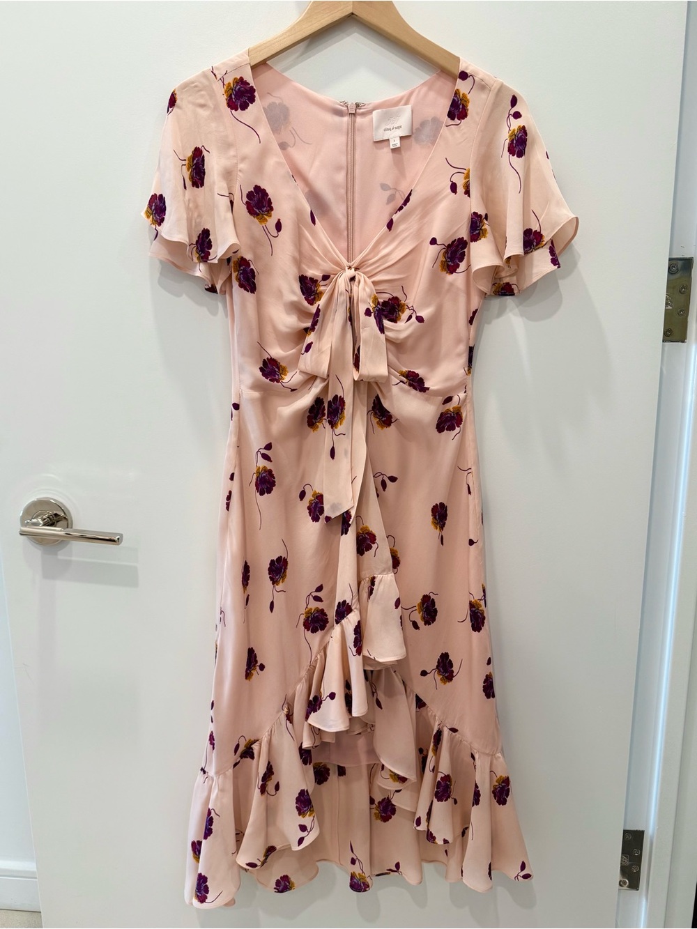 Cinq à Sept Silk Floral Ruffle Midi Dress Blush Pink Size 2